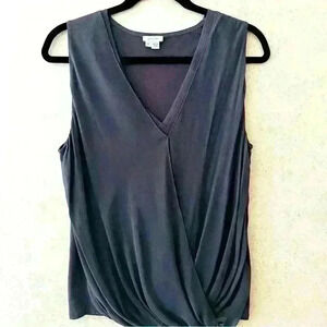 JIGSAW M 100% SILK GREY OVERLAY COTTON SLEEVELESS V NECK LOOSE GATHERING‎ BLOUSE